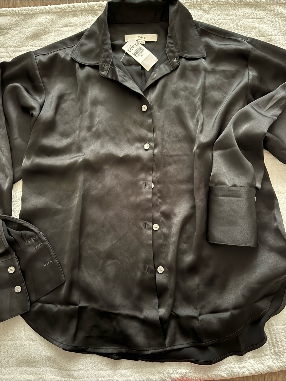 LOFT Black Satin Button-Down Shirt
